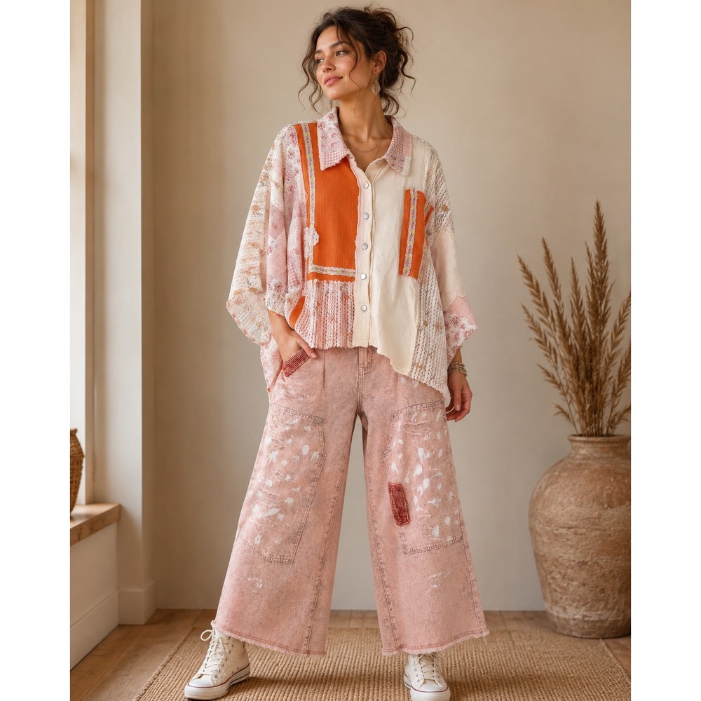 184. New POL Women Patchwork Oversized Button Down Shirt Orange Floral Lace